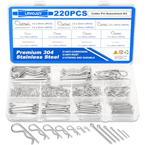 Cotter Pin Assortment Kit, 220PCS Cotter Pins 13 Sizes Premium 304 Stainless Steel Heavy Duty R Clips & Hairpin Split Pin Set, Hardware Pins for Automotive, Trailer, Pin Lock System - size: 220Pcs - 13 Sizes
