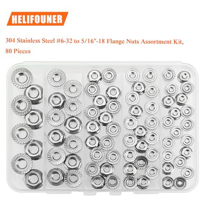 HELIFOUNER 80 Pieces 5 Sizes Flange Nuts, Serrated Flange Hex Lock Nuts Assortment Kit, 304 Stainless Steel (#6-32#8-32#10-24 1/4"-20 5/16"-18) - size: #6-32, #8-32, #10-24, 1/4"-20, 5/16"-18