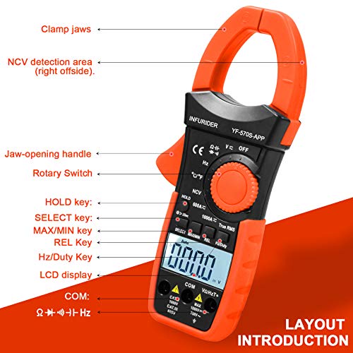 Digital AC/DC Volt Amp Clamp Meter,Wireless Bluetooth Auto Ranging 1000A Ammeter Clamp Multimeter for Voltage,Current,Ohm,Cap,Temperature Tester