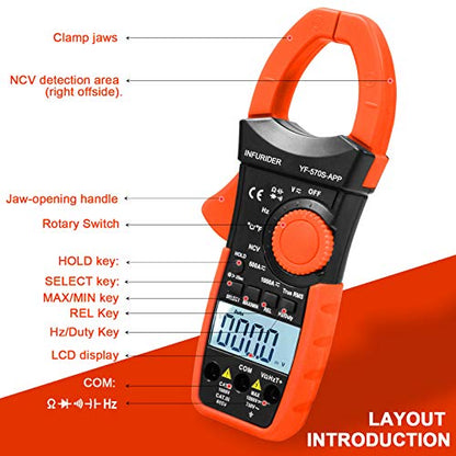 Digital AC/DC Volt Amp Clamp Meter,Wireless Bluetooth Auto Ranging 1000A Ammeter Clamp Multimeter for Voltage,Current,Ohm,Cap,Temperature Tester