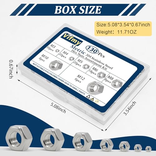 Metric Hex Nuts Assortment Kit 130Pcs Stainless Steel（M3-M12） Nut - size: Metric-130