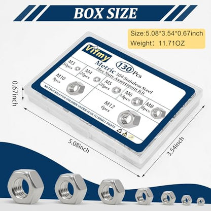 Metric Hex Nuts Assortment Kit 130Pcs Stainless Steel（M3-M12） Nut - size: Metric-130