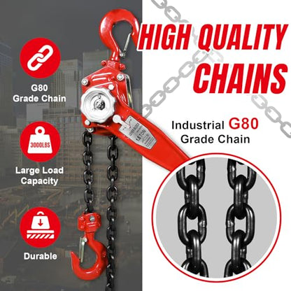 Big RED Manual Lever Chain Hoist,1-1/2 Ton 3000 lbs Capacity Come Along,G80 Grade Steel with Double-Pawl Brake,2 Heavy Duty 360° Rotation Hooks for Garage Factory Warehouse Ports Automotive Machinery - size: 1.5 Ton (3000 lbs)