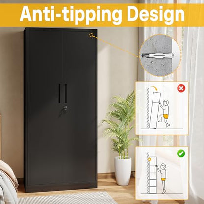 Metal Storage Cabinet with 2 Doors and 4 Adjustable Shelves, 71" Garage Storage Cabinet with Anti-Tipping Design, Lockable Garage Cabinets for Office, Home, Garage, Gym, School - size: 70.87"H x 15.75"D x 31.5"W