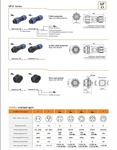 SP13 5 Pin Connector Solder Aviation Circular Waterproof IP68 Blue 5A Male Plug Female Chassis Socket for Outdoor Power - size: 5 pin 5A