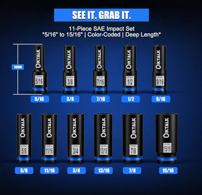 11PCS 1/2“ Drive Impact Deep Socket Set SAE (5/16″-15/16″) 6-Point CR-MO - size: 11PCS SAE