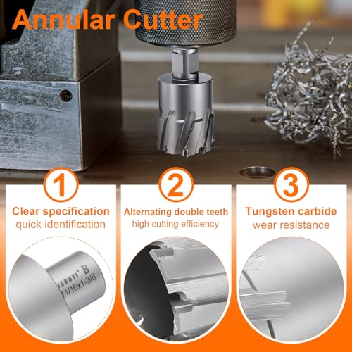 HARFINGTON Annular Cutter 1-11/16" Dia 1-3/8" Depth 3/4" Shank TCT Cutting Drill Bits with Pin for Magnetic Drill Press - size: 1-11/16" x 1-3/8"