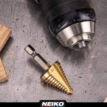 NEIKO 10620A Step Drill Bit, 1 Step 7/8" Straight High Speed Steel, Titanium Nitride Coated, 1/4" Quick Change Step Bits for Steel, Metal, Wood, Plastic, Unibit Cone Drill Bits, Two Flute - size: #7 (7/8", 1S), style: Straight