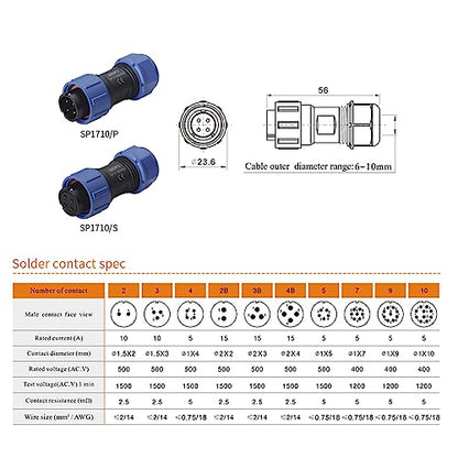 Weipu SP17 2 Pin Connector Waterproof IP68 Male Plug Female Socket Circular 6-10mm Cable Industrial Solar Electrical Connector - size: 2Pin 10A