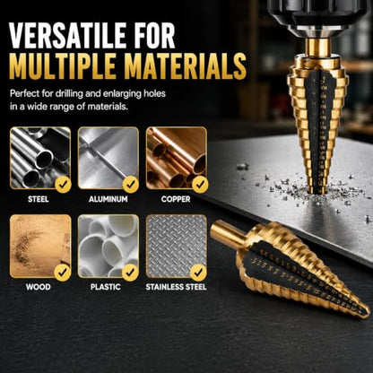 XtremepowerUS 5-Piece HSS Titanium Step Drill Bit Set, 50 Hole Sizes Multi-Size Unibit Drill Bits for Sheet Metal, Wood, Plastic & DIY Projects with Storage Case - size: 5 Pieces Set