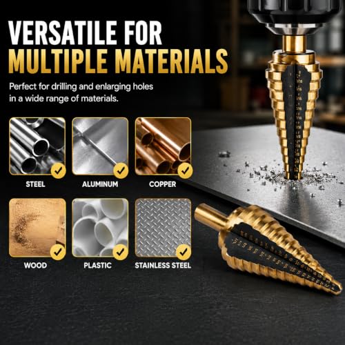 XtremepowerUS 5-Piece HSS Titanium Step Drill Bit Set, 50 Hole Sizes Multi-Size Unibit Drill Bits for Sheet Metal, Wood, Plastic & DIY Projects with Storage Case - size: 5 Pieces Set