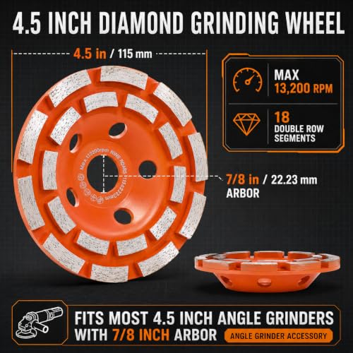 4.5 Inch Double Row Diamond Cup Wheel for Concrete Grinding, 18 Segments - size: 4-1/2"(115mm)