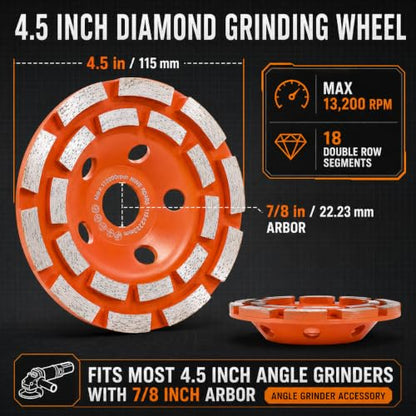 4.5 Inch Double Row Diamond Cup Wheel for Concrete Grinding, 18 Segments - size: 4-1/2"(115mm)
