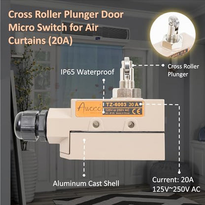 Awoco Heavy Duty Commercial Door Micro Switch with Cross Roller Plunger for Air Curtains, 250V 20A IP 65 Limit Switch Type NO and Type NC (TZ-6003-20A) - style: TZ-6003-20A