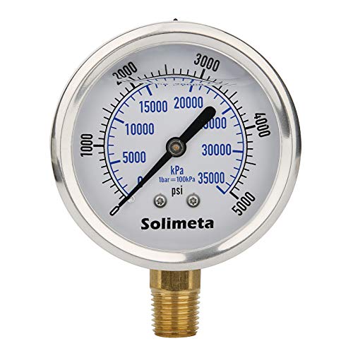 2-1/2" Dial Size, Oil Filled Hydraulic Pressure Gauge, 0-5000psi/kpa, 304 Stainless Steel Case, 1/4" NPT Lower Mount