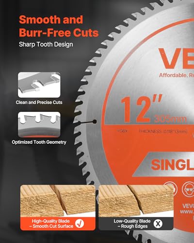 VEVOR Circular Saw Blade, 12 inch Diameter, 80 Sharp Alloy Teeth, 1 inch Arbor, Fine Finish, Wood Cutting Blade for Circular Saw, with Noise-Reducing Heat Vents, for Cutting Plywood, OSB, Hardwood - size: 12“ & 80T