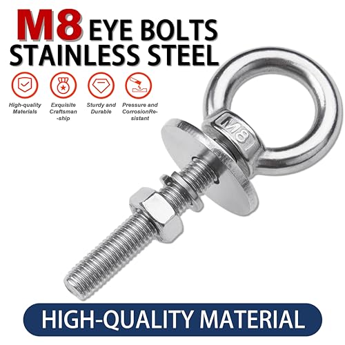4 Pack M8 Stainless Steel Eye Bolts with Nuts, 5/16" x 2" Eye Bolts - size: M8x51mm (5/16"x2")