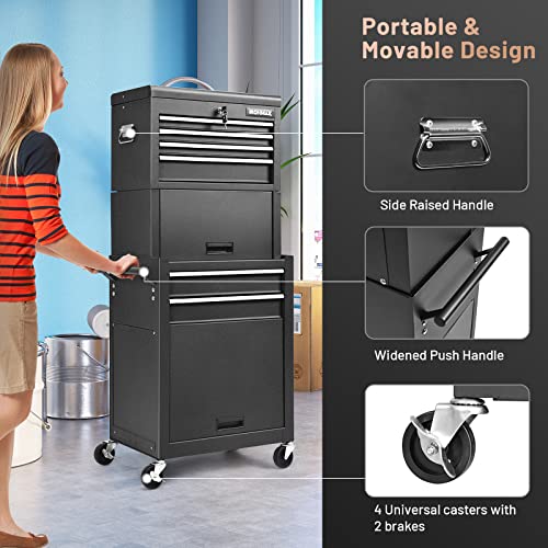 ERGOMASTER Rolling Tool Chest - Removable Top Box Large Bottom Cabinet with Casters and Lock System Tool-Box - Heighten 6-Drawer Black - color: Black, size: 6-Drawers