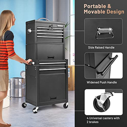 ERGOMASTER Rolling Tool Chest - Removable Top Box Large Bottom Cabinet with Casters and Lock System Tool-Box - Heighten 6-Drawer Black - color: Black, size: 6-Drawers