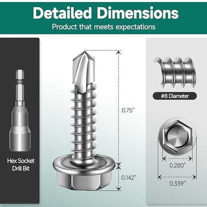100Pcs #8 x 3/4" Sheet Metal Screws, 410 Stainless Steel Self Drilling Hex Washer Head Self Tapping Screws for Metal with Drill Bit - color: Silver, size: #8 x 3/4"