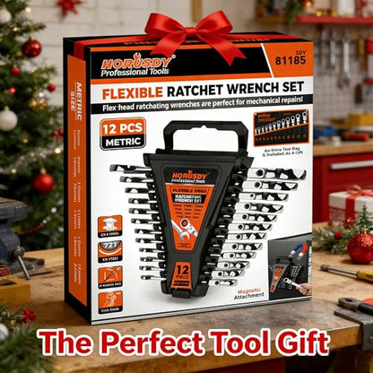 HORUSDY 12-Piece Metric Flex-Head Ratcheting Wrench Set 8-22mm, CR-V Ratchet Combination Wrenches with 72T 180° Flex Head, Magnetic Holder & Tool Bag for Auto, Motorcycle, Home & Repair - style: 12-Piece Metric Flex-Head Ratcheting - New Version