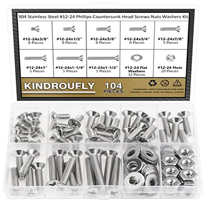 104 Pieces #12-24x 3/8", 1/2", 5/8", 3/4", 7/8", 1", 1-1/4", 1-1/2",Phillips Countersunk Head Machine Screws Nuts Washers Assortment Kit, 304 Stainless Steel, Fully Machine Thread - size: #12-24