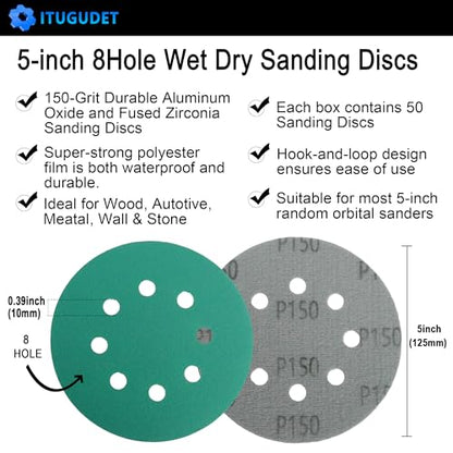 5 Inch 8 Hole P150 Grit Zirconia Wet Dry Sanding Discs - 50 Pack - size: 150 Grit