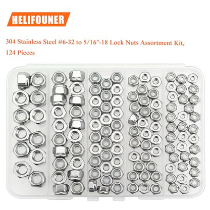 #6-32#8-32#10-24 1/4"-20 5/16"-18 Lock Nuts, HELIFOUNER 124 Pieces 5 Sizes Nylon Insert Hex Lock Nuts Assortment Kit, 304 Stainless Steel (18-8) Locknuts, Coarse Thread - size: #6-32 to 5/16"-18 (124 pcs)