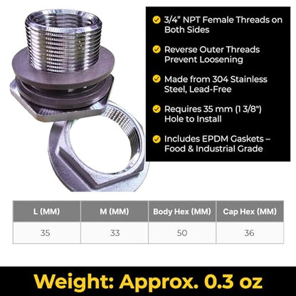 MiniBrew 3/4” NPT EZ Seal Weldless Bulkhead with EPDM Gaskets for Homebrewing (Pack of 6) - size: 3/4"-EPDM, style: Pack of 6