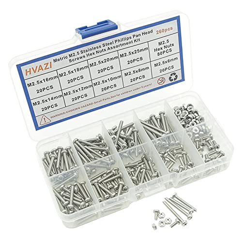 260PCS Metric M2.5 304 SS Phillips Pan Head Machine Screws & Nuts Kit - size: M2.5