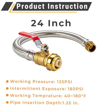 TTFLEX 24" Water Heater Hose 3/4" Ball Valve Push to Connect x 3/4" MIP