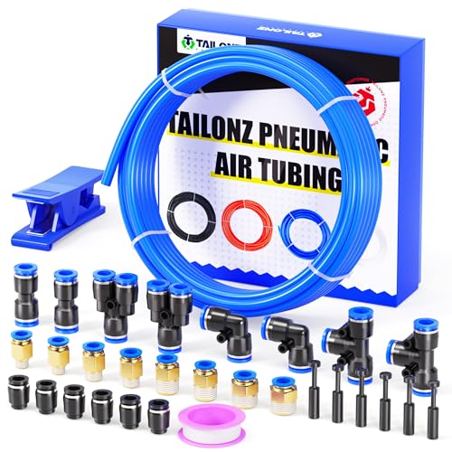 TAILONZ PNEUMATIC Blue 6MM OD 10 Meter 32.8ft PU Polyurethane Air Tubing Kit Pipe Hose Air Line Tubing Air Hose Fittings Push to Connect Fittings(29PCS) - color: Blue, size: 15/64" OD - 32.8 FT