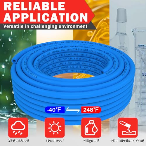 CheeMuii 100FT 3/8" DOT Air Line 3/8 Air Hose PA12 Nylon Pneumatic Tubing - color: Blue, size: 3/8"OD-100FT