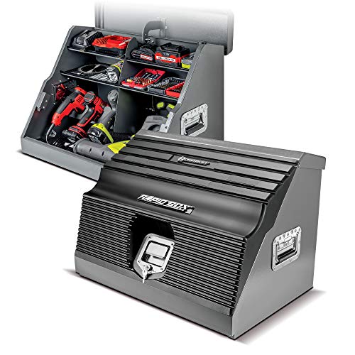 Powerbuilt 26 In. Portable Slant Front Power Tool Locker Toolbox with Power Drill Slots, Storage Compartments, 16 Ga. Steel, Chrome Hardware, Weather-Resistant Locking Polymer Lid, Gas Struts, 941805E - style: Power Tool