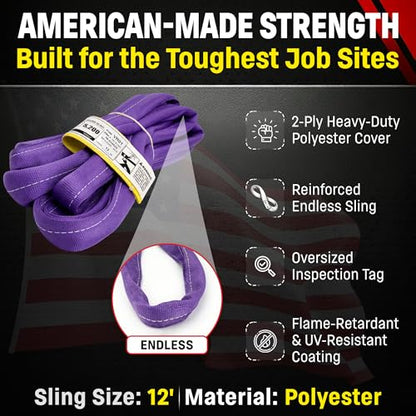 Chenango Supply VR1 12 Foot Endless Round Lifting Sling – USA Made, 2,600 lb Vertical, 2,080 lb Choker, 5,200 lb Basket – Double Ply Cover Polyester, Purple Round Poly Sling (12 FT) - size: 12 ft