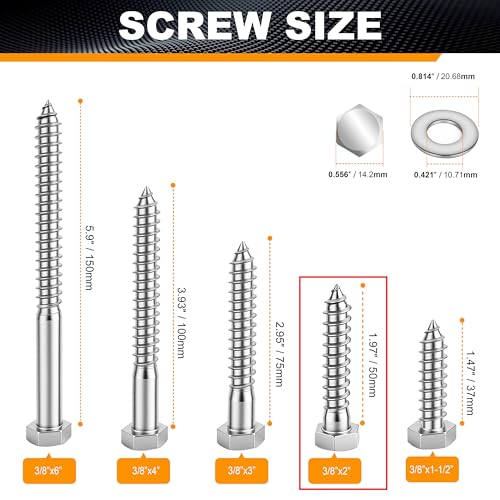 Hex Head Lag Bolts for Wood, Lag Screws 3/8" x 2",24 PCS - size: 3/8" x 2"