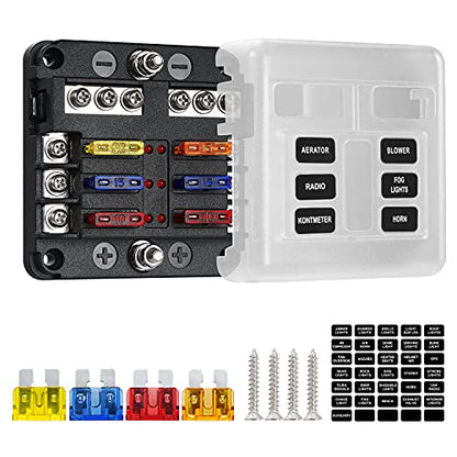 6 Way Fuse Block,12V Blade Fuse 6 Circuit ATC/ATO Waterproof Fuse Box Holder with LED Indicator Waterpoof Cover for 12V/24V Automotive Truck Boat Marine RV Van Vehicle (with 8 pcs Fuse)