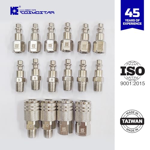 Cosmostar 16-Piece Air Hose Fittings Set | 1/4" NPT Quick Connect Air Coupler & Plug Kit | Industrial Swivel Air Tool Fittings & Compressor Accessories | Universal Auto Shop Air Compressor Adapter