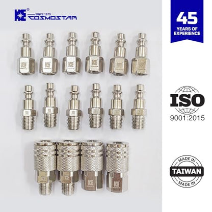 Cosmostar 16-Piece Air Hose Fittings Set | 1/4" NPT Quick Connect Air Coupler & Plug Kit | Industrial Swivel Air Tool Fittings & Compressor Accessories | Universal Auto Shop Air Compressor Adapter