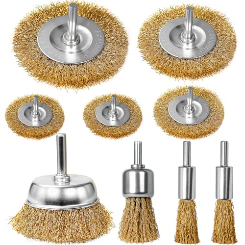 9 Pcs Carbon Steel Wire Brush for Drill Rust Removal Kit,Wire Wheels and Pen Metal Wool Brushes Drill Attachments Cup for Corrosion and Scrubbing Surfaces,1/4-Inch Round Shank - color: Gold