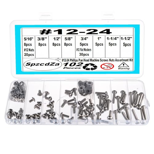 102 Pieces #12-24 Phillips Pan Head Machine Screws Nuts Washers Assortment Kit, Coarse Thread, Fully Machine Threaded, 304 Stainless Steel - size: #12-24