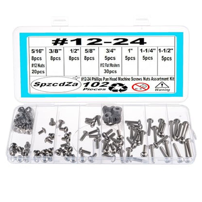 102 Pieces #12-24 Phillips Pan Head Machine Screws Nuts Washers Assortment Kit, Coarse Thread, Fully Machine Threaded, 304 Stainless Steel - size: #12-24