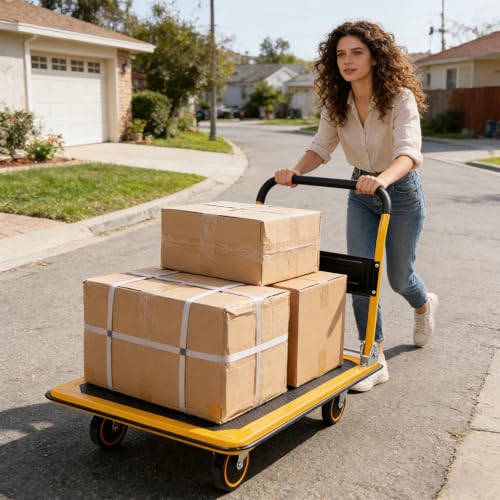 Heavy Duty Foldable Push Cart Dolly with 660 LBS Capacity - Collapsible Platform Truck with Swivel Wheels, Flat Bed Moving Wagon & Space Saving Handles - color: 660lbs-yellow