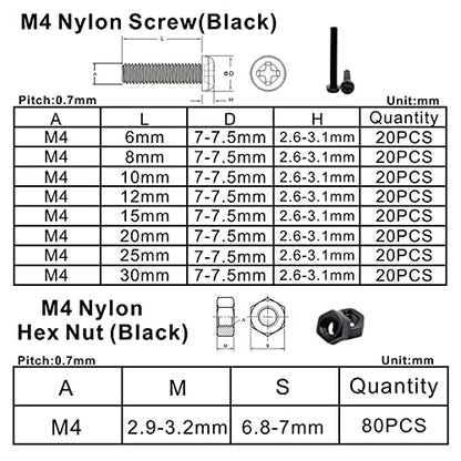 Metric M4 Nylon Phillips Pan Head Screws Nuts Flat Washers Assortment Kit (Black-M4) - color: Black-M4
