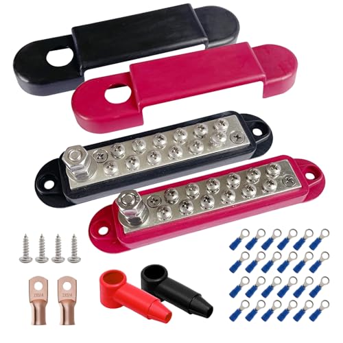 Ampper 1/4" Stud Power Distribution Block Bus Bar 12 x #8 Screw Kit, R & B - color: Red & Black, size: Plated Brass Kit