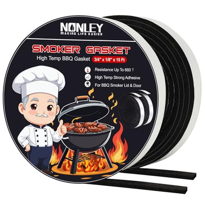 Nonley Smoker Gasket Seals 15 FT XXL – 3/4 x 1/8 High Temp Grill Gasket for Smokers – BBQ Gasket Smoker Seal Self Stick, High Heat Grill Gasket Seal Tape for Smokers BBQ Lid - color: XXL - 3/4 x 1/8 inch-15 FT