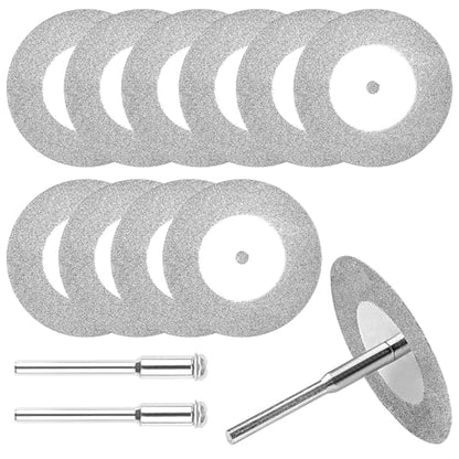 10Pcs 40mm Diamond Cutting Disc Cut Off Wheels with 2Pcs Mandrel 1/8'' Shank Stone Blade for Rotary Tool Drill Attachment Cutting Discs Polishing Glass Tiles Marble Plastic Jade (1.57in)