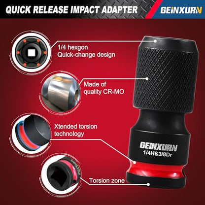 Geinxurn 2PCS Impact Screwdriver Bit Holders, 3/8-Inch Square Drive to 1/4-Inch Quick Release Hex Socket Adapter for Impact Wrench - size: 2pcs-3/8"