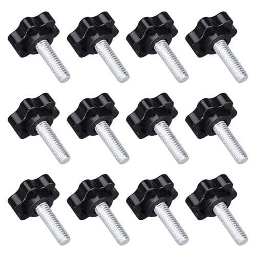 12 Pack 1/4-20 Black Star Knobs Star Hand Knob Threaded Knurled Thumb Nuts Thumb Screw Knobs with Bolts for Umbrella Base Replacement Female Threaded Hexagon Head Thru Knob