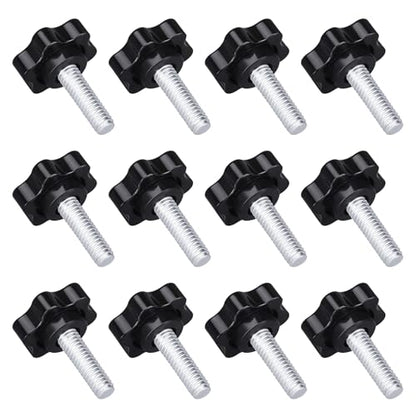 12 Pack 1/4-20 Black Star Knobs Star Hand Knob Threaded Knurled Thumb Nuts Thumb Screw Knobs with Bolts for Umbrella Base Replacement Female Threaded Hexagon Head Thru Knob